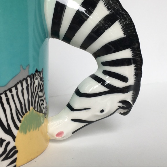 Zebra Mug Neck Handle Black White Green Ceramic Vintage 1988 Five and Dime Cup - Picture 2 of 15
